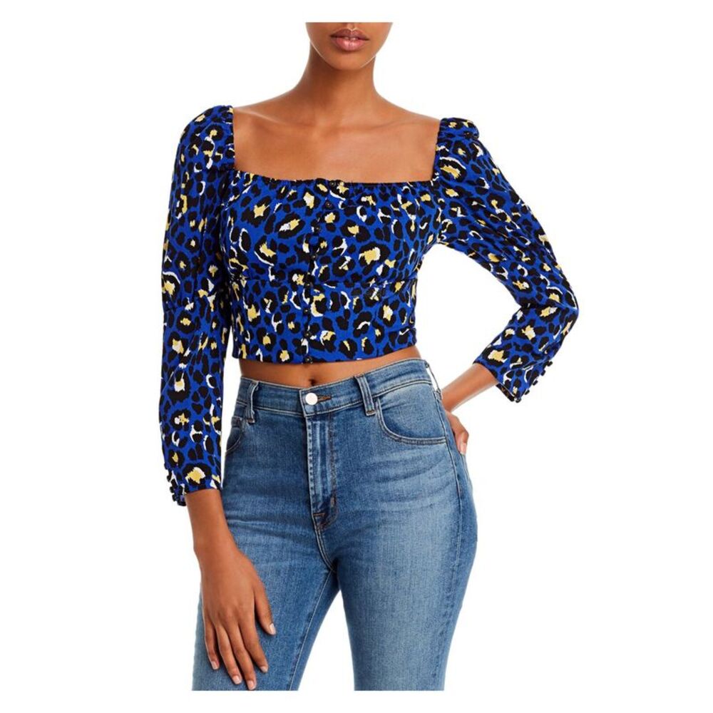 Rahi Womens Blue Patterned Dolman Sleeve Square Neck Crop Top S